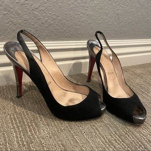 Christian Louboutin Black Suede and Gunmetal Slingback Open Toe Heels Size 39.5